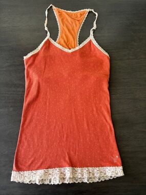 Y2K American eagle Lace Trim Coral-Orange Ribbed Racerback tank top